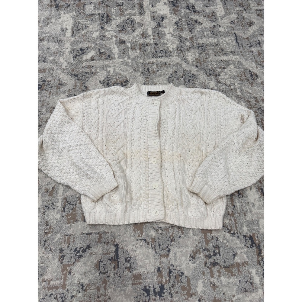 Eddie Bauer Vintage Cream Cable Knit Cardigan Sweater Womens Medium Button Front